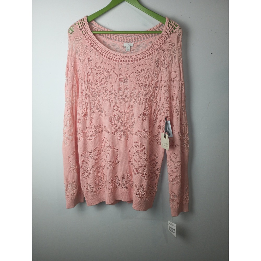 Hinge Womens Open Knit Crochet Sweater Coral Almond Pink HL355659MI Medium NWT